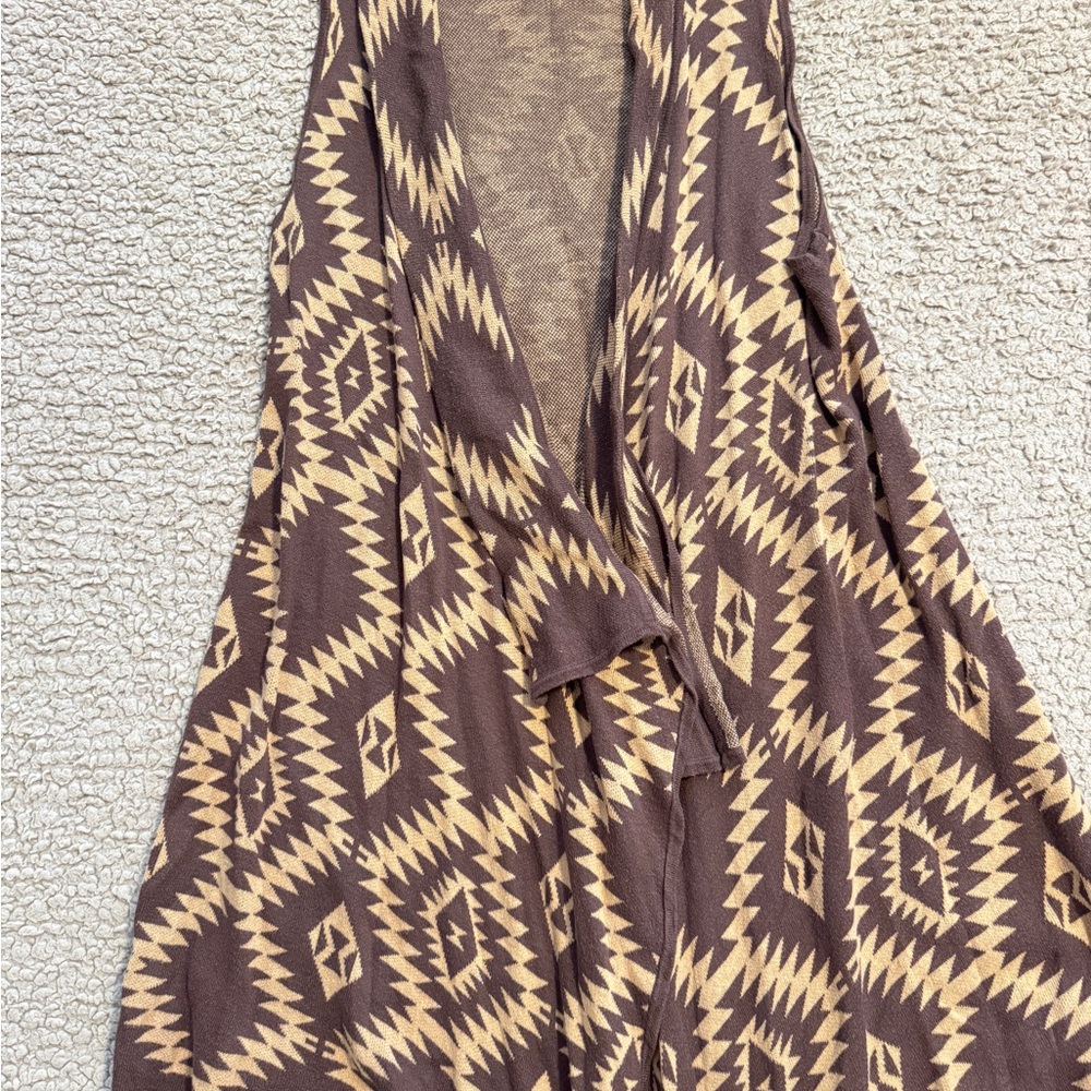 Brown and Cream Aztec Patterned Draped Open Front Cardigan